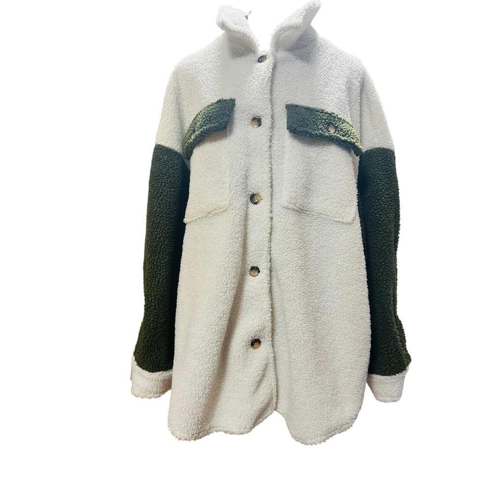 SHEIN Sherpa Fleece Jacket Cream Olive Green Color Block Button Front  XXL‎